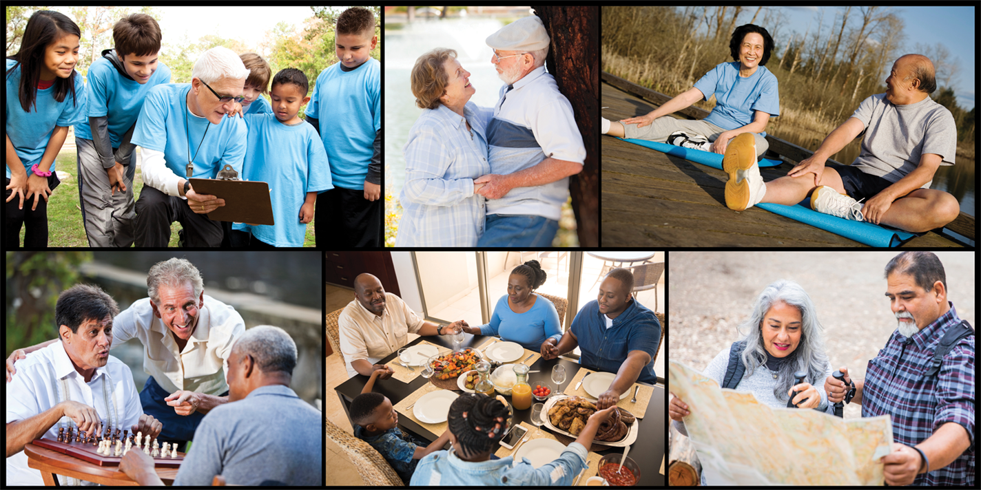 Collage of elders interacting with adults and children in various activities and games.