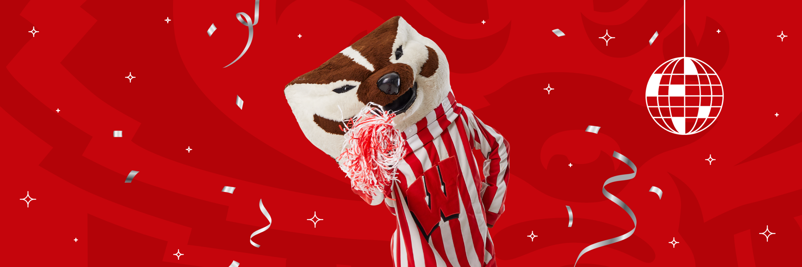 Bucky Badger holding a pom-pom